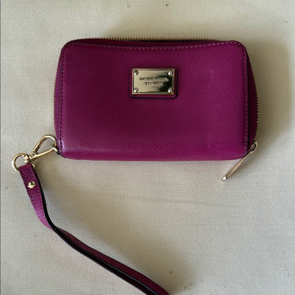 Michael Kors Magenta Saffiano Zip Wristlet with Gold Hardware